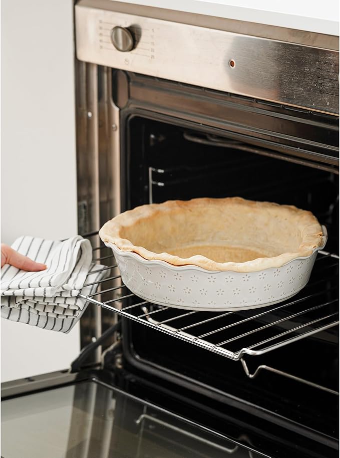 MIKIGEY Deep Pie Dish for Baking, Ceramic Pie Pan for Apple Pie, Tart, Quiche Baking Dish, Farmhouse Decor Pie Plate, Deep Dish Pie Pan, Oven Safe, Off-White, Flower
