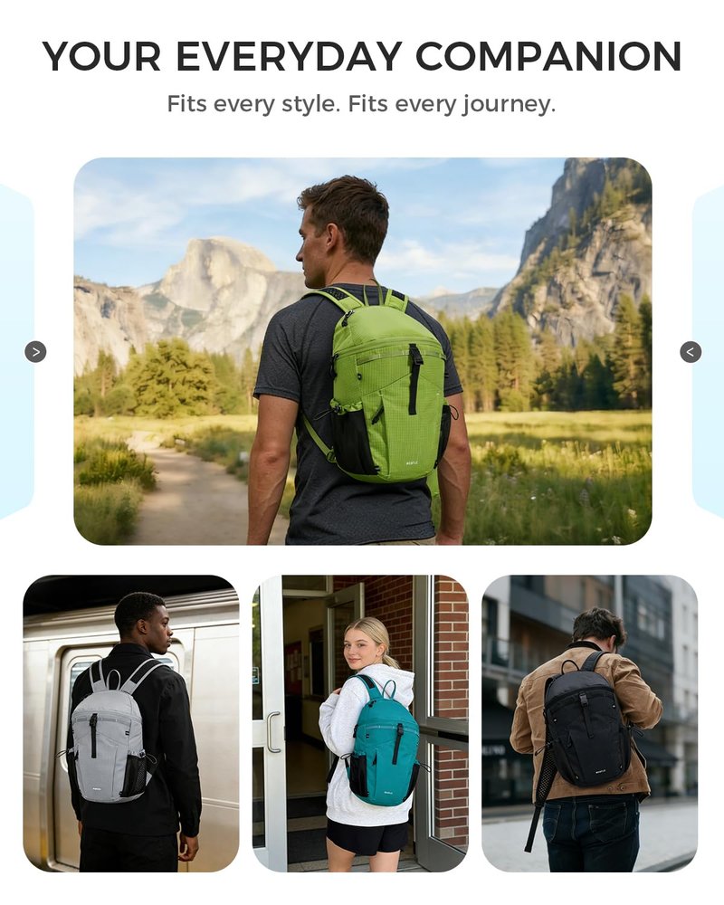 ECOHUB 15L Ultra-Lightweight Packable Backpack, Casual Daypack for Daily Use, Small Hiking & Travel, Foldable Backpack, Water-Resistant Nylon, Reflective Design