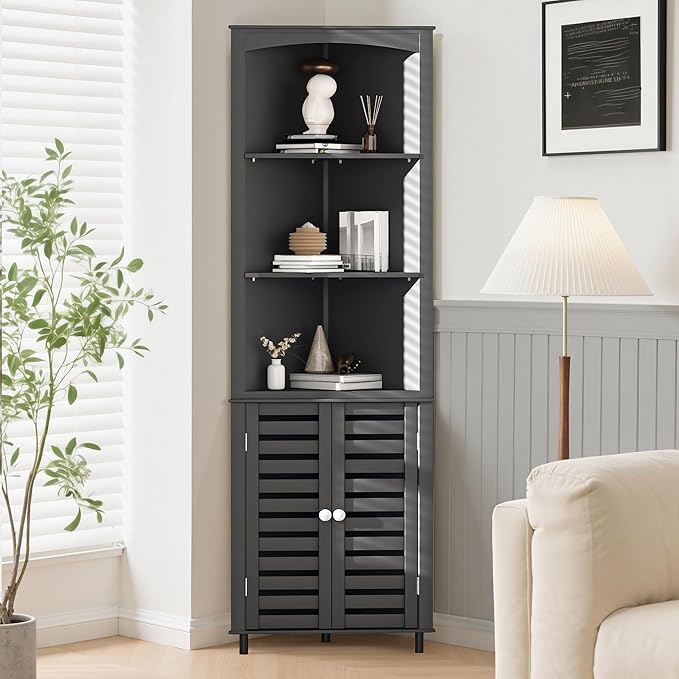 VECELO Tall Corner Cabinet, 68.8'' Storage Cabinet with Doors and Adjustable Shelves, for Living Room, Bathroom, Kitchen, Grey