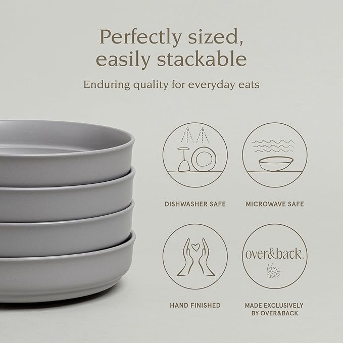over&back Rim Dinner Bowl Set - Stoneware Dishes - Comes with 4 Dinner Bowls - For Pasta, Salads, and More - Easy-to-Stack All-Occasion Place Settings - 8.1" x 8.1" x 1.8" - 32oz - Semi-Matte Charcoal