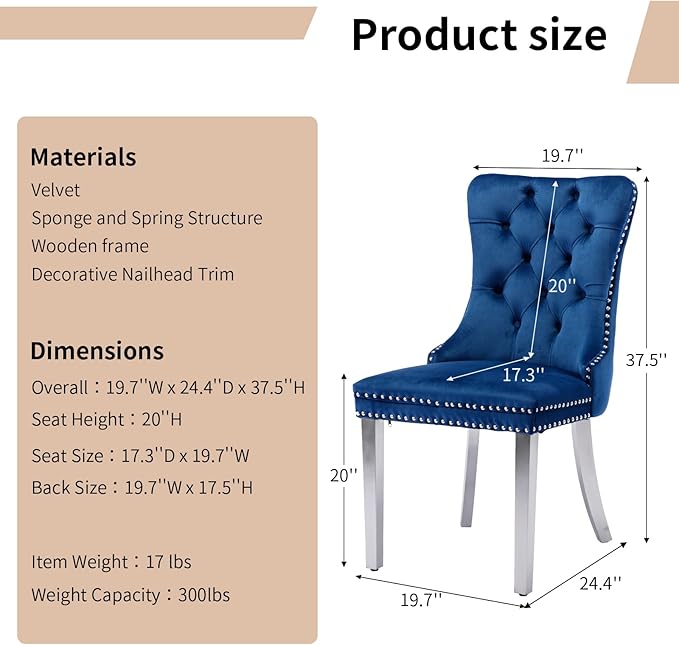 Luxury Upholstered Dining Chairs Set of 6, Blue Kitchen Chair with Silver Metal Legs, Velvet Tufted Back Dining Chair, Sillas de Comedor, Modern Kitchen & Dining Room Chairs (Blue, 6 Pcs)
