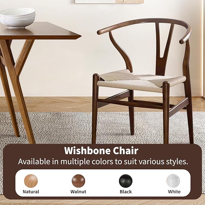 Wishbone Chair Natural Solid Wood Dining Chair/Hans Vegner Y Chair Rattan and Wood Accent Armrest Chairs Set of 4(Ash Wood - Walnut)