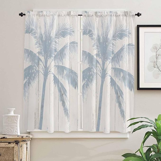 Summer Coconut Tree on Vintage Wood Grain Window Valance Curtains, Seaside
