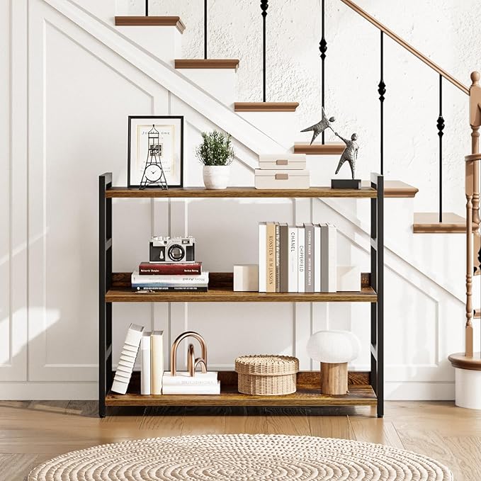 NUMENN Wide Bookshelf, 3 Tier Bookshelves, Home Office Bookcase Shelf Storage Organizer, Free Standing Storage Shelving Unit for Bedroom, Living Room and Home Office, Vintage