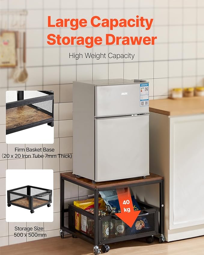 VEVOR Mini Fridge Stand with Storage, 198 lbs Mini Fridge Table with Movable Storage Cart & Swivel Wheels, Beverage Refrigerator Stand for Coffee Bar, Mini Fridge Organizer for Home Dorm, Light Brown