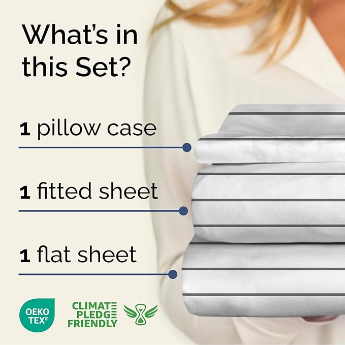 Striped Sheets - Grey Striped Sheets - 1 Flat & 1 Fitted & 1 Pillowcase w/ Deep Pockets – Wrinkle & Fade Resistant - Ultra-Soft, Breathable and Cooling – Luxury Pinstripe Bedding - Twin Size Bed Set
