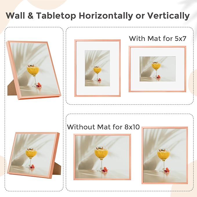 8x10 Picture Frame - Metal Frame With Mat 5x7 | 8 x 10 Aluminum Photo Frame | Plexiglass And Hanging Hardware Included | Black 8x10 Picture Frame | Rose Gold