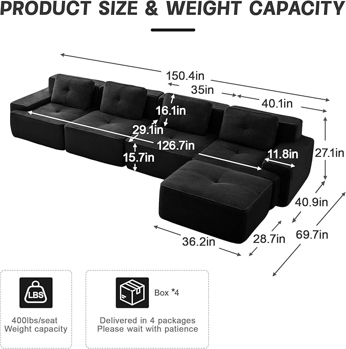 150" Modern Corduroy Cloud Sofa with Ottoman, L Shaped Boneless Modular Large Sectional Couches for Living Room, Black 4 Seater Compressed Memory Foam Couch, Extra Deep Seat, No Assembly