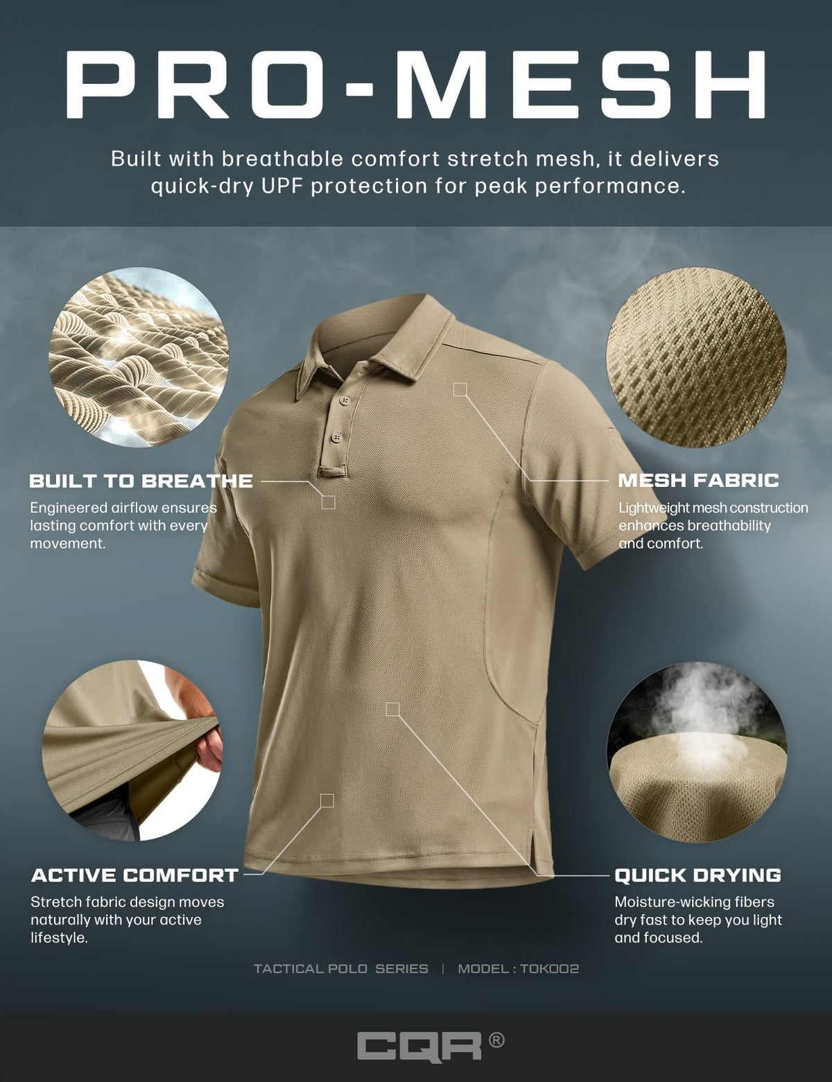 CQR Men's Quick Dry Tactical Polo Shirt, Lightweight Breathable Performance Polo, Short Sleeve UPF 50+ Outdoor Golf Shirt, Frost Essential Khaki, Small