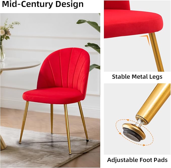 Velvet Dining Chairs Set of 6, Upholstered Mid Century Modern Dining Room Chairs, Armless Accent Chair with Metal Gold Legs for Living Room, Kitchen, Rose Red