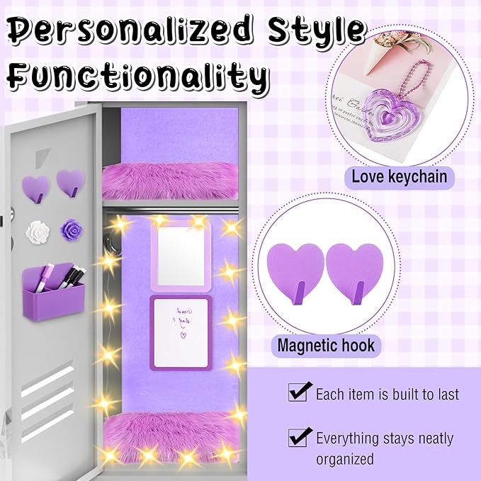 12 Pcs Locker Accessories Kit Magnetic Mirror Whiteboard Pen Holder Magnet Hook Locker Wallpaper Rug Keychain Marker String Light for Back to School Essentials Decorations (Purple)