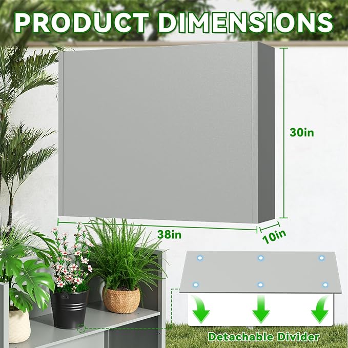 Metal Planter, 38L x 10W x 30H, Heavy Duty Tall Planters for Outdoor Plants, Planters with Removable Insert Shelf, Large Planters with Drainage Holes for Porch, Patio and Yard, Grey