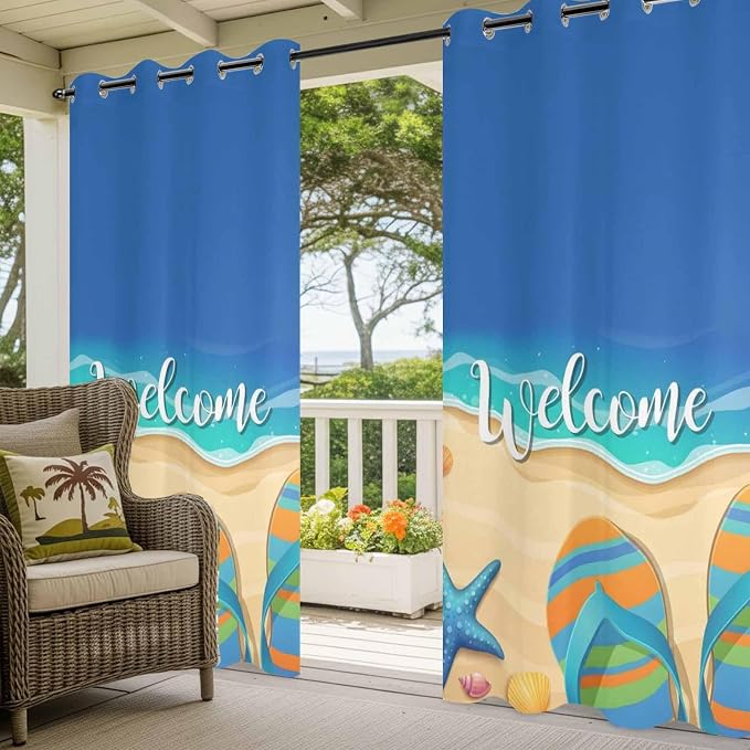 Summer Outdoor Curtains for Patio Beach Slippers Plumeria Waterproof Outside