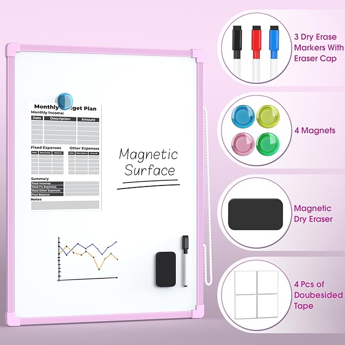 MaxGear Double-Sided Dry Erase Board for Wall, 16"x12" Hanging Whiteboard, Small Dry Erase White Board kit, Portable Whiteboard for Planning, Drawing, Memo, to Do List, Purple Frame