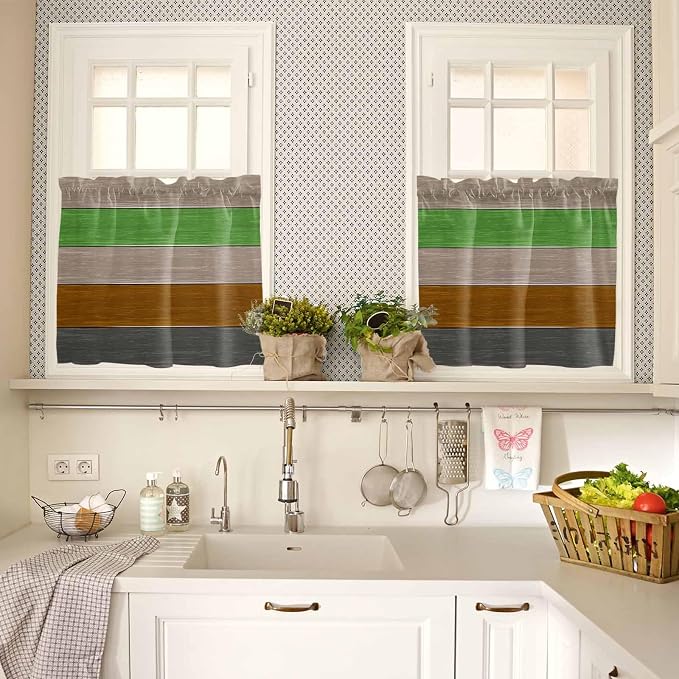 Farm Gray Green Brown Wood Grain Window Valance Curtains, Rustic Wooden Plank