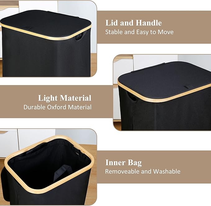 iEGrow Laundry Hamper with Lid, 110L Large Laundry Basket with Handle, Collapsible Clothes Basket Organizer with Removable 2 Inner Bag for Clothes Toys Towels - Black