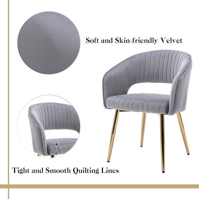 Modern Velvet Dining Chairs Set of 6, Upholstered Gold Dining Room Chairs with Hollow Back and Gold Legs, Accent Armrest Kitchen Chairs for Living Room Reception Grey