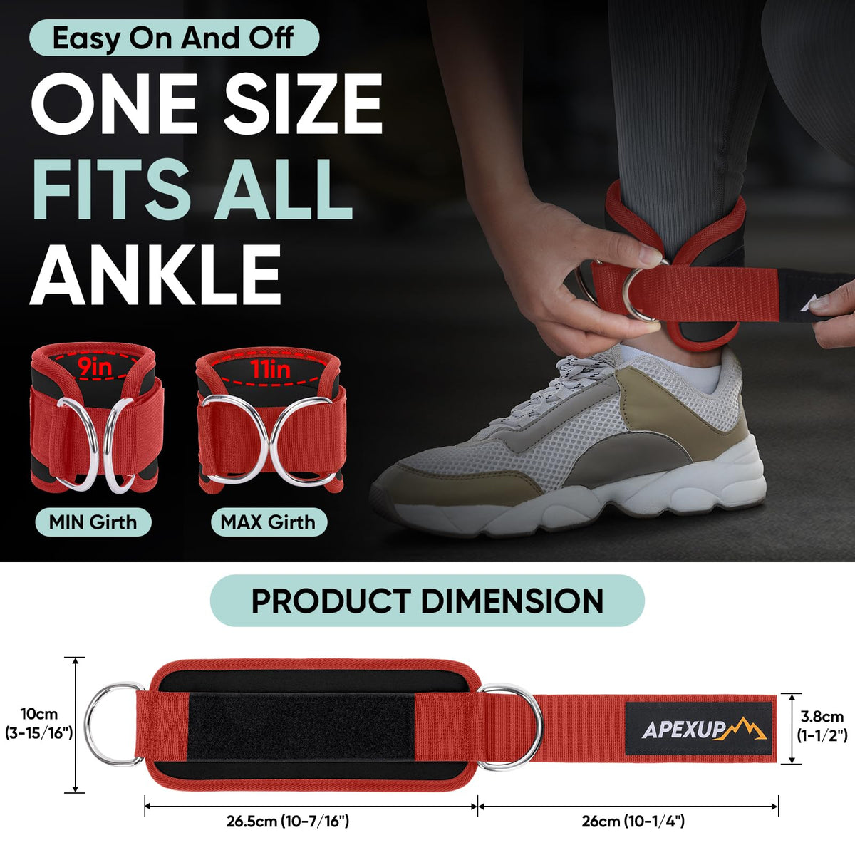 APEXUP Ankle Strap for Cable Machine, Ankle Resistance Bands, Cable Kick Back Straps for Gym, Glute Workouts, Leg Extensions, Adjustable Straps with Neoprene Padding (Single, Black+Red)