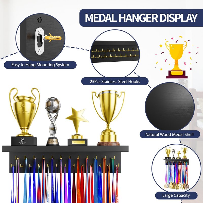DSVENROLY Medal Holder Display Trophy Shelf Organizer, Sturdy Wooden Race Award Hanger Rack with 25 Steel Hooks, Wall Mount Storage Stand for Sports Fans, Cheer Success, Black