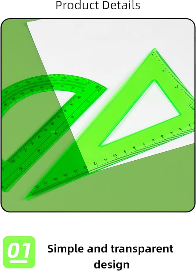 6 Pcs Plastic Ruler Math Set, Transparent Straight Protractor Triangle Measuring Tools, Geometry Ruler for School Office Home/Students(Clear)