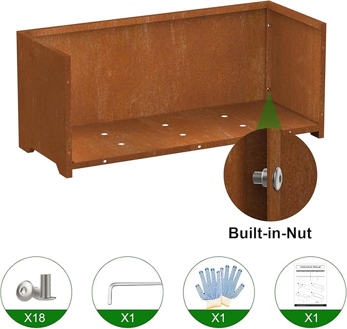 Metal Planter Box, Large Outdoor Rectangle Planters with 6 Drainage Holes & Raised Bottom, Co rten Steel Planter for Patio, Garden, Porch, 36" L x 15" W x 15" H