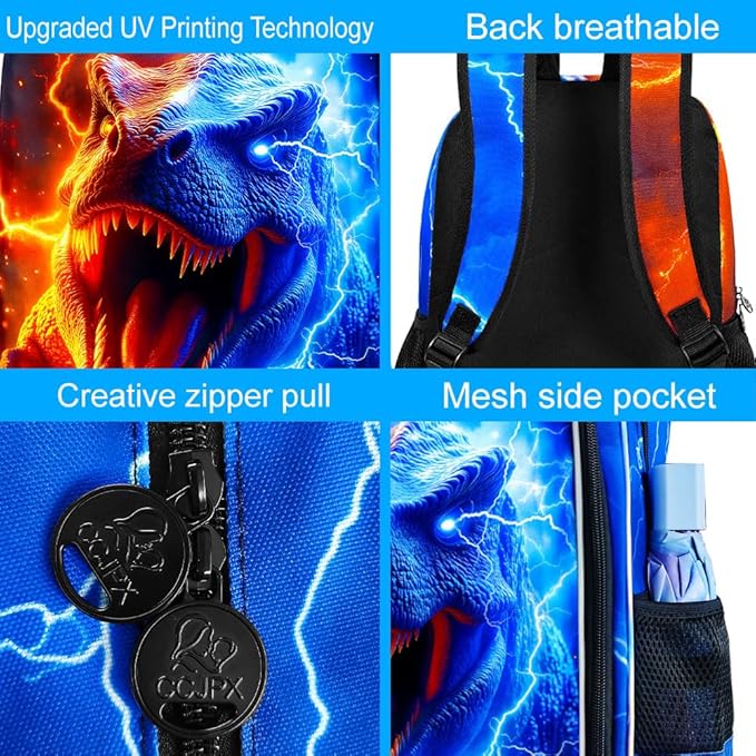 gxtvo 3PCS Dinosaur Bookbag for Boys, 17" Kids Backpack with Lunch Box, Water Resistant Middle Elementary School Bag - Fire & Lightning T. rex