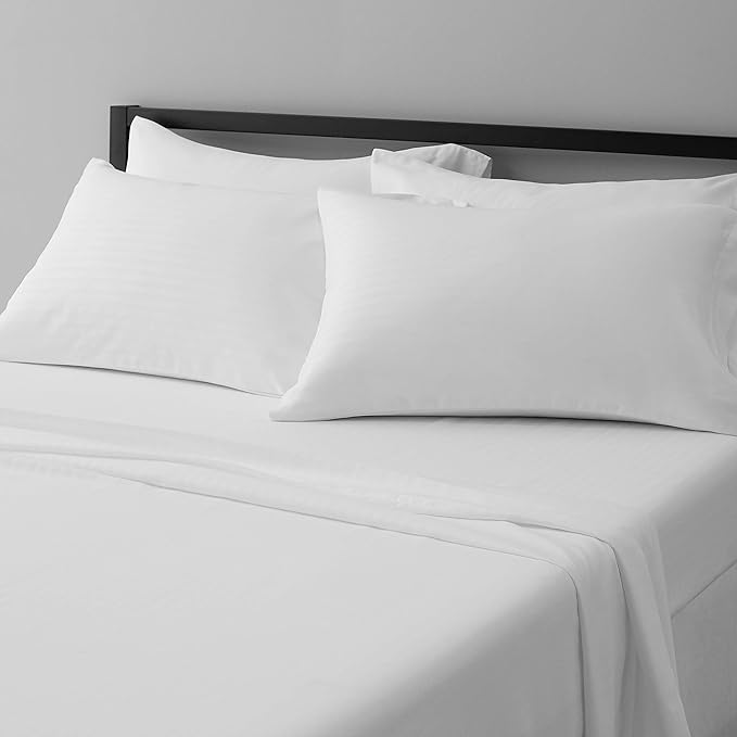 Amazon Basics Soft, Wrinkle-Free Bed Sheets Full Size, Deluxe Microfiber, Breathable, 4-Piece, Bright White Striped