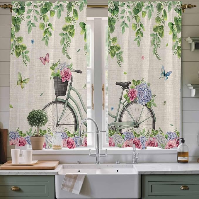 Farmhouse Spring Kitchen Curtains, Retro Bicycles Flowers Vines Butterfly Light