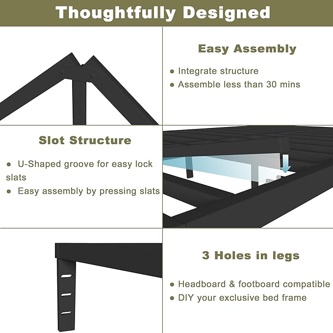 ITIMIDI 16 Inch Metal Twin Bed Frames, Heavy Duty Strong Support Slats, Safety Design with Rounded Corner Legs and DIY Headboard Hole, No Box Spring Needed, Noise Free, Easy Assembly, Black