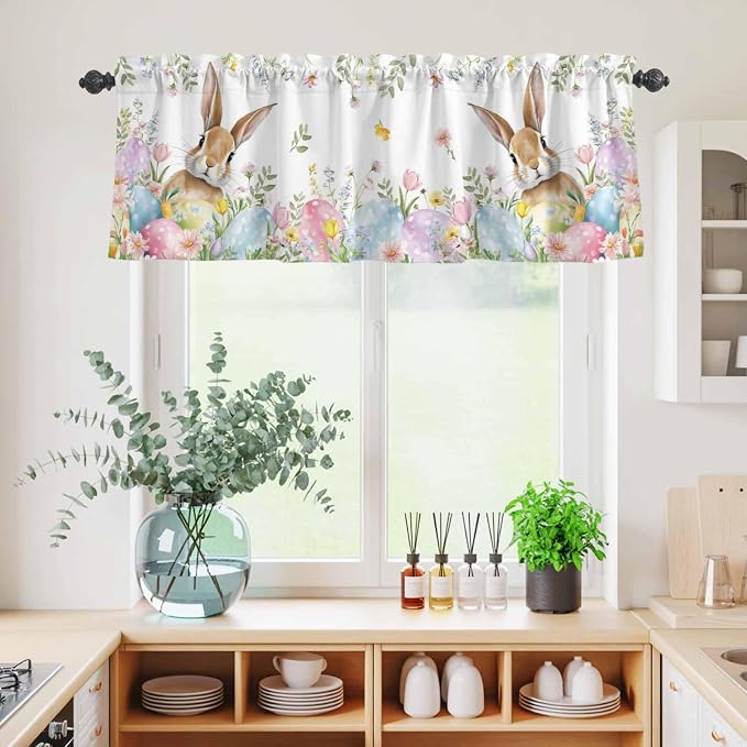 Kitchen Curtains Tiers and Valance Set of 3, Easter Light Filtering Window