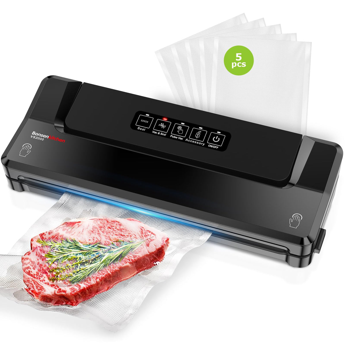 Bonsenkitchen Vacuum Sealer Machine With 5 Vacuum Bags,Black