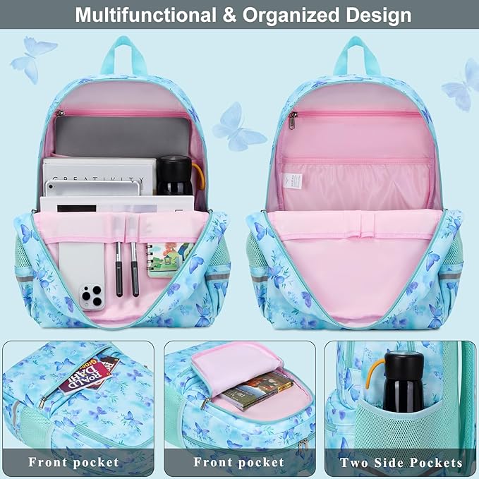 DSIUE Kids Backpack for Girls Elementary BookBags Teens Middle School Backpack with Lunch Box (Butterfly Green)