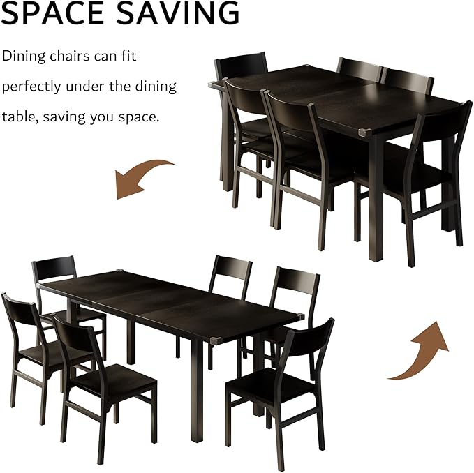 iPormis 7-Piece Dining Table & Chairs Set for 4-6, 63" Extendable Kitchen Table with 6 Chairs, Dining Room Table with Metal Frame & MDF Board, Perfect for Small Space, Easy Assembly, Black