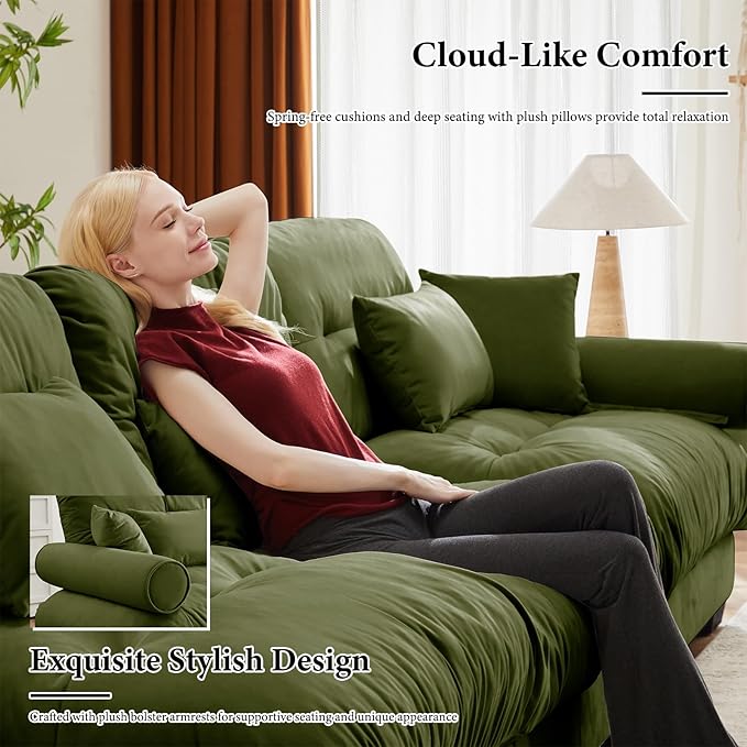 166" Oversized Couch, 4 Seater Modular Sectional Sofa, Olive Large Sectional Couches for Living Room, 4 Seater Velvet Fluffy Cloud Couch Set with 6 Pillows, Deep Seat Sofas for Living Room