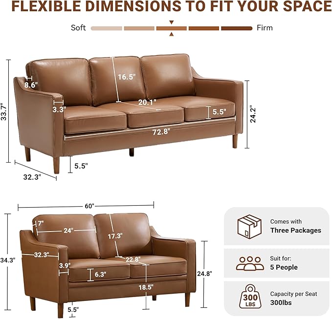 Kingfun Living Room Furniture Sets, 3 Seater Couch and Loveseat, Mid Century Modern Sofa Set, Faux Leather Couch with Solid Wood Frame for Living Room & Bedroom, Brown