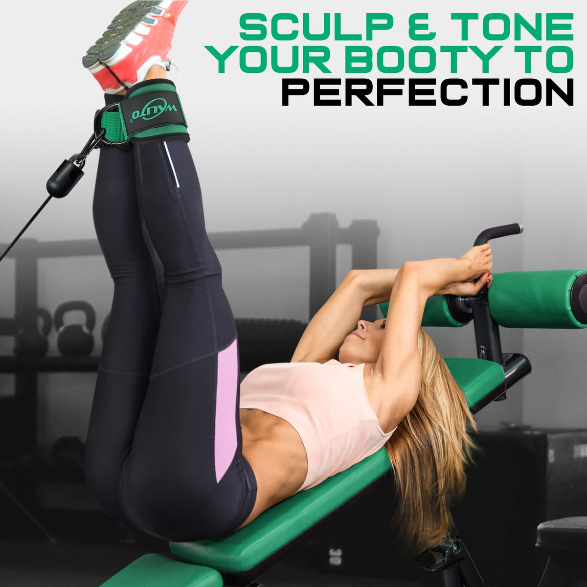 WALITO Gym Ankle Straps for Cable Machines Women & Men - Glute Kickback Ankle Cuff, Adjustable Cable Machine Accessories for Leg Extensions, Hip Abductors & Lower Body Workouts (Pair- Green)