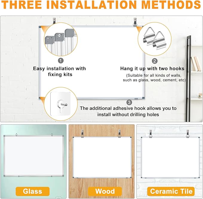 H-Qprobd White Board Dry Erase Whiteboard for Wall 24x18 (3pcs) Magnetic Boards for Office Classroom & Home, Small Wall Whiteboard Including 6 Markers, 10 Magnets, 2 Erasers & 15 Adhesive Hooks