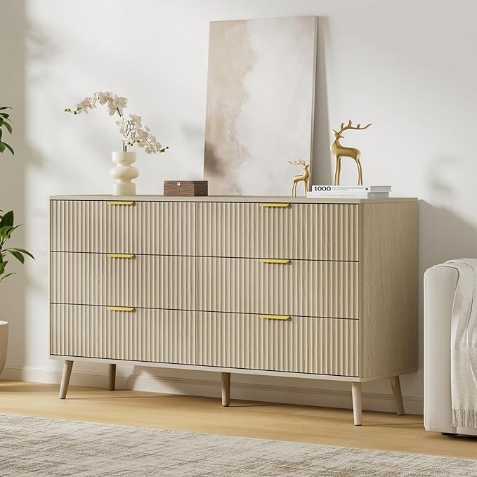 LYNSOM 55" Wide Fluted Dresser for Bedroom with 6 Drawer, Modern Chest of Drawers with Curved Profile Design and Metal Handles, Wood Dresser TV Stand & Storage Organizer for Living Room, Beige