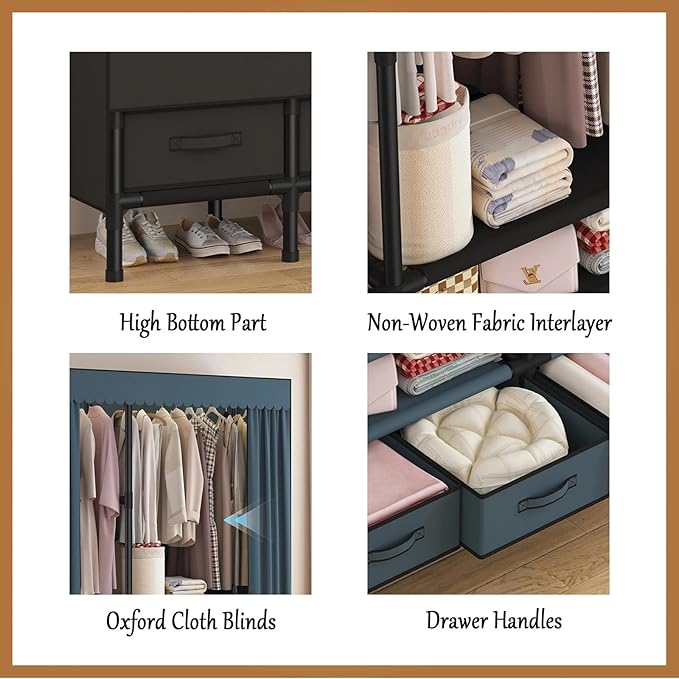 Portable Closet,Garment Rack,Heavy Duty Clothes Rack with Cover,Wardrobe Closet with 1 Hanging Rods, 2 Storage Shelves,27.5" L x 17.7" W x 67.7" H,Pale Yellow
