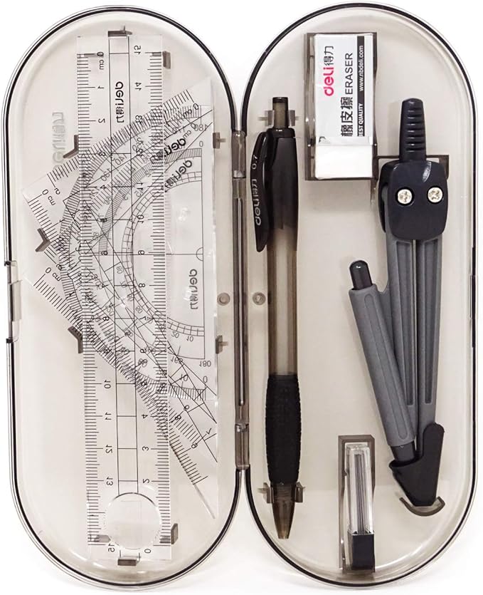Honbay 8PCS Math Geometry Kit Set for Student and Engineering Drawing - Drawing Compass, 0.7mm Mechanical Pencil, 0.7mm Pencil Lead Refills, Eraser, Protractor, Rulers