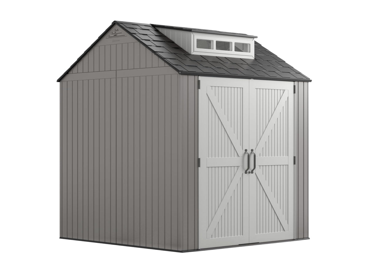 Rubbermaid Resin Outdoor Storage Shed With Floor (7 x 7 Ft) Weather Resistant Gray Organization for Home/Backyard/Garden Tools/Lawn Mower/Bike Storage/Pool Supplies