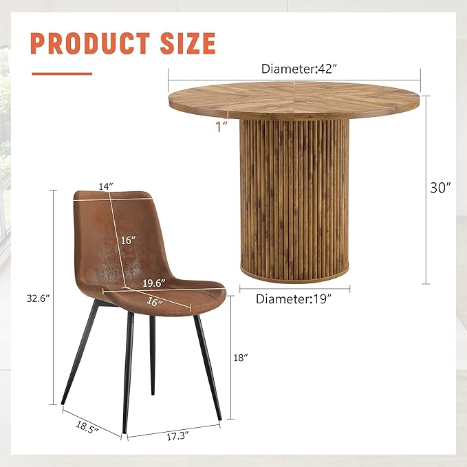 AZmac Round Dining Table Set for 4, Wooden Round Table 5-Piece with Modern Farmhouse Dining Table and 4 Suede Leather Chairs for Kitchen Dining Room, Wooden Table + 4 Saddle Brown Chairs