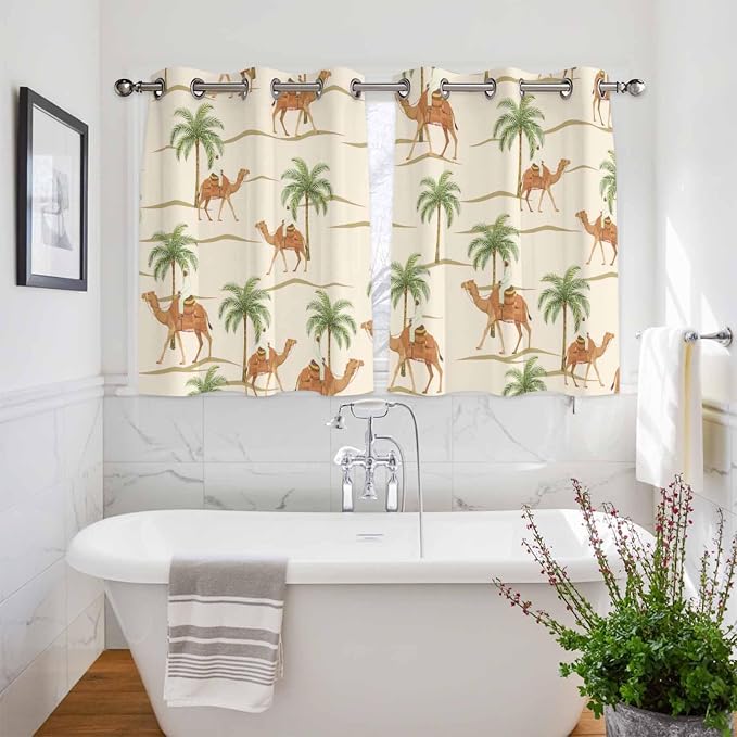 2 Panel Kitchen Cafe Curtains, Date Coconut Tree Sunlight Filtering Nature Air