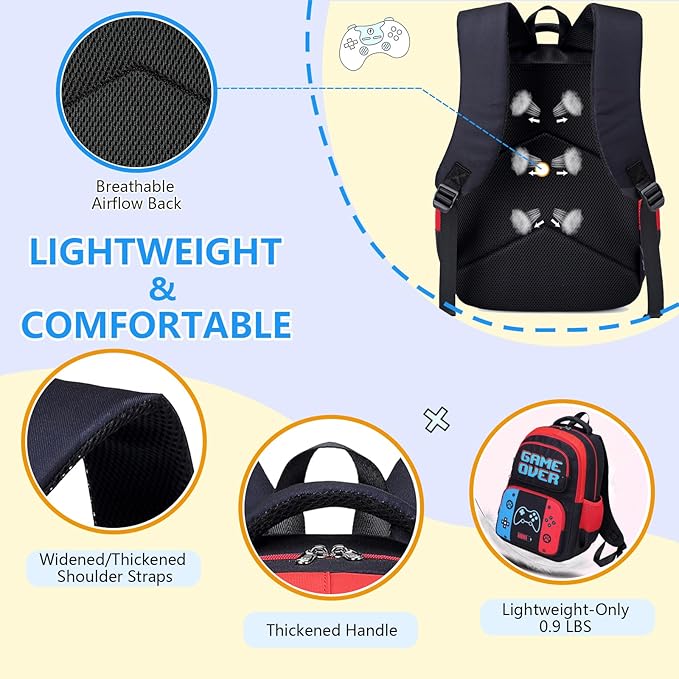 Kids Backpack Boys Gamer Backpack with Lunch Box Kindergarten Elementary Middle School Travel Sport Gaming Bookbag for Boys Girls Ages 4-14, Gamer Blue Red
