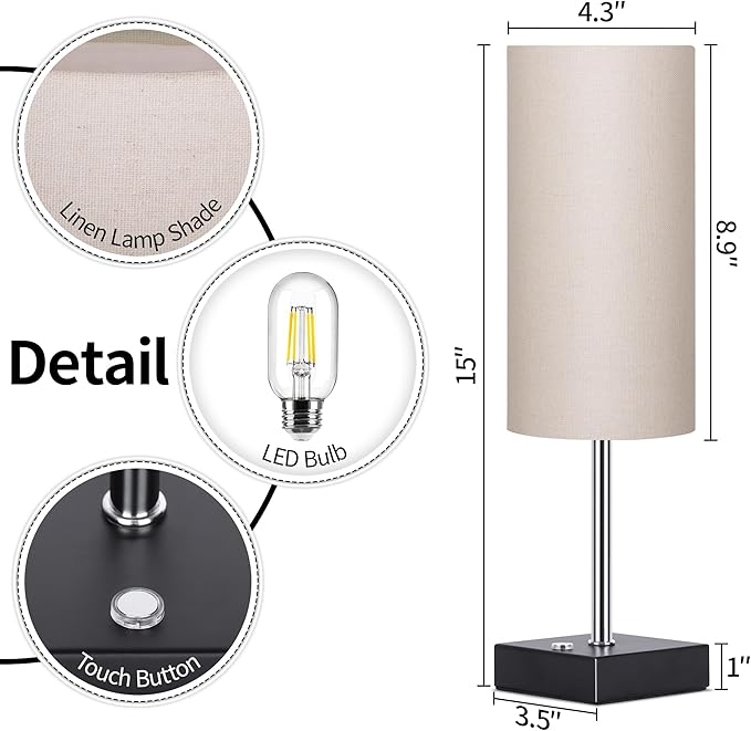 AVV Cordless Table Lamp with Dimmable, Rechargeable 3 Modes Battery Powered Bedside Lamp, Battery Operated Lamps for Night Stand, Touch Lamp for Bedroom, Living Room, Reading Room, 15 Inch Linen