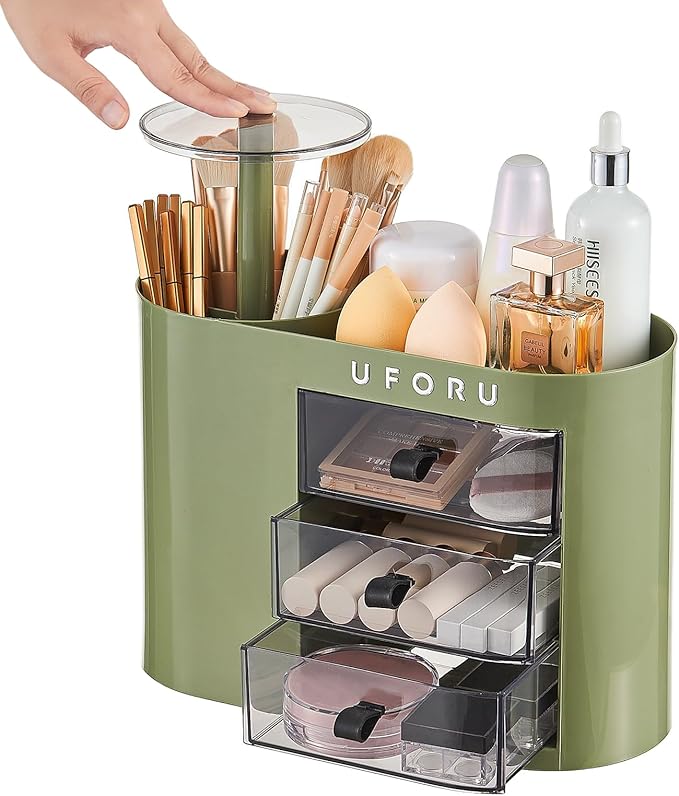 Makeup Organizer with Pop-Up Brush Holder for Dresser Vanity, Plastic Bathroom Counter Organizer with 3 Drawers & Dust-Proof Cover, Cosmetic Display Case for Lipstick, Skincare, Vintage Green