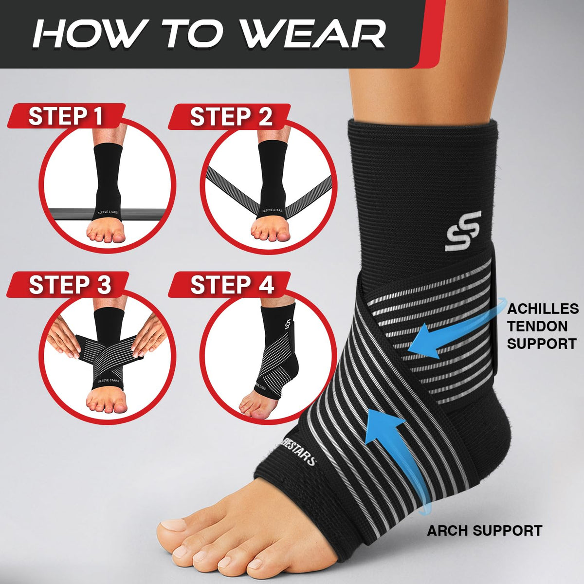 Sleeve Stars Ankle Brace for Women & Men, Ankle Wrap for Sprained Ankle, Compression Sleeve for Plantar Fasciitis Relief, Easy Customizable Support: w/Removable Strap (Pair/L:12"-13"/Black)