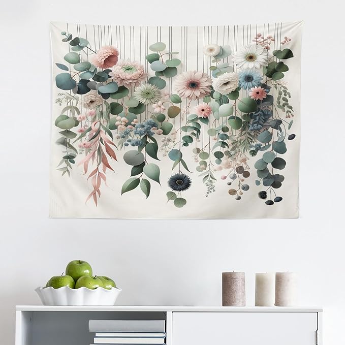 Ambesonne Flower Tapestry, Modern Lines Leafy Eucalyptus Pattern with Tender Sunflower and Peony, Fabric Wall Hanging Decor for Bedroom Living Room Dorm, 28" X 23", Grey Teal Laurel Green