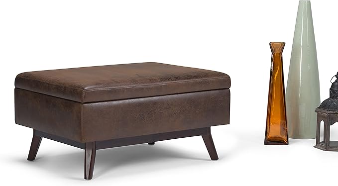 SIMPLIHOME Owen Coffee Table Storage Ottoman - 34 inch Wide Upholstered Vegan Leather Rectangular Lift-Top Ottoman in Distressed Chestnut Brown, Mid-Century Bench for Living Room with Tapered Legs