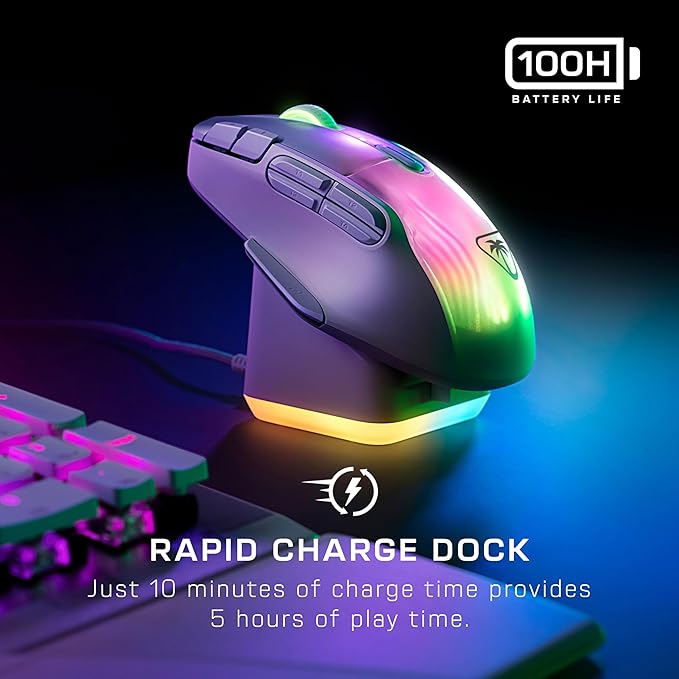 Turtle Beach Kone XP Air Wireless RGB Gaming Mouse, 19000 DPI Optical Sensor, 100-hour Rechargeable Battery & Charging Dock, 29 Programmable Inputs, Ergonomic Design, Bluetooth, 4D Wheel – White